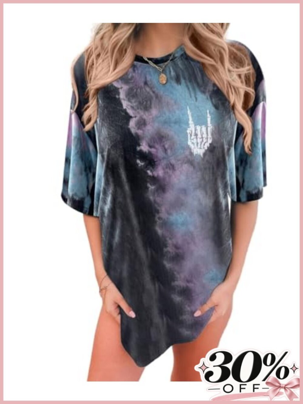 Oversized Gothic Skull Tie Dye Graphic Tee Plus Size Crew Neck